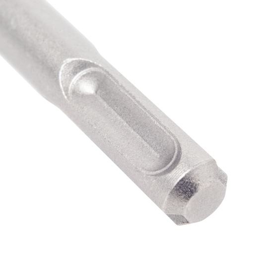 Close-up of a metallic drill bit tip with grooved detail, used for construction or power tools.