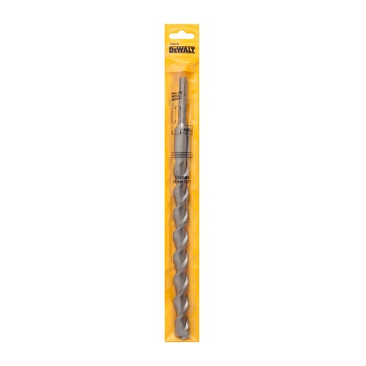 DEWALT drill bit in yellow packaging, long spiral design, suitable for masonry and metal surfaces.