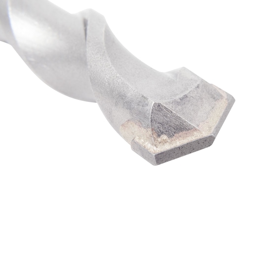 Close-up of the tip of a DEWALT drill bit with a metallic finish on a white background.