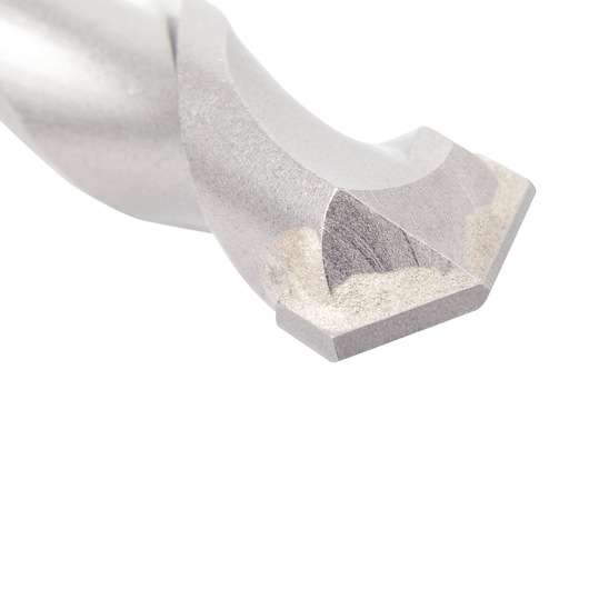 Close-up of the tip of a DEWALT drill bit, showing its sharp edges and metal texture.
