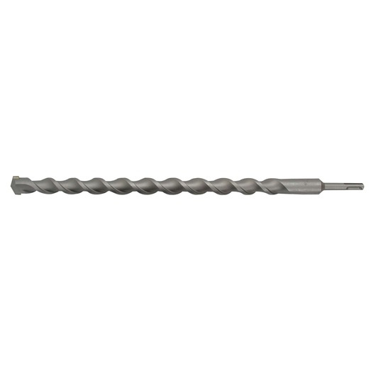 A long silver masonry drill bit with a spiral design and SDS shank for rotary hammer drills.