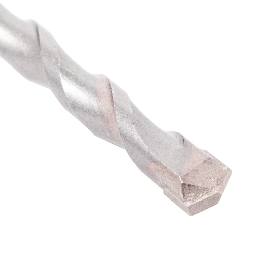 Close-up of a metal drill bit with a hexagonal tip and spiral shaft for precision drilling.