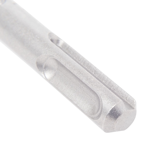 Close-up of a DEWALT metal drill bit with grooves and rounded end.