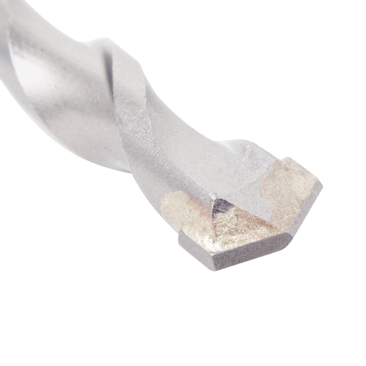 Close-up of a metallic drill bit tip with a chisel-shaped head and spiral flutes, on a white background.