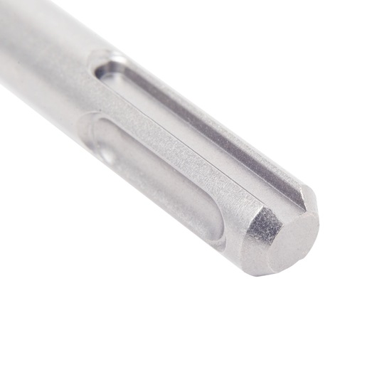 Close-up of a silver DEWALT drill bit with grooves and a hexagonal end, used for power tools.
