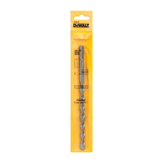 DEWALT drill bit in yellow packaging, 12mm diameter, model DW00736, for masonry and concrete drilling.