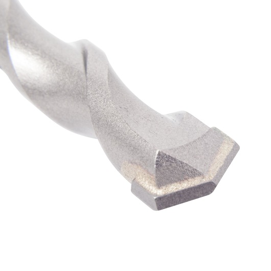 Close-up of a DEWALT drill bit tip with a silver, twisted design, photographed on a white background.