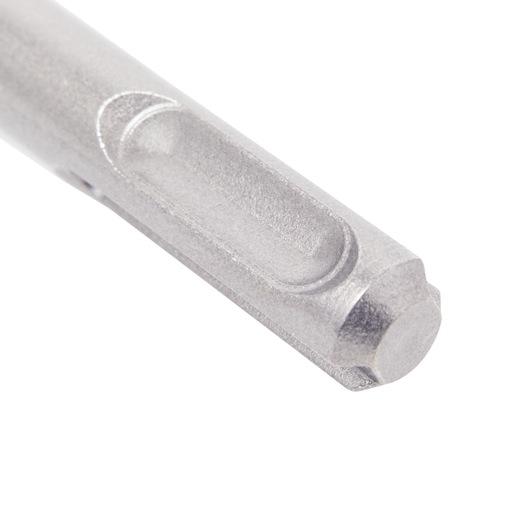 Close-up of a DEWALT metallic drill bit tip with grooves, shown against a white background.