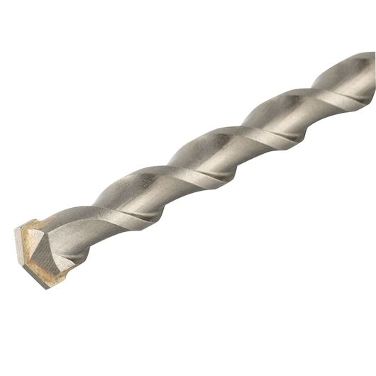 Close-up of a DEWALT masonry drill bit with a twisted shaft and pointed tungsten carbide tip, designed for drilling into concrete, stone, or brick.
