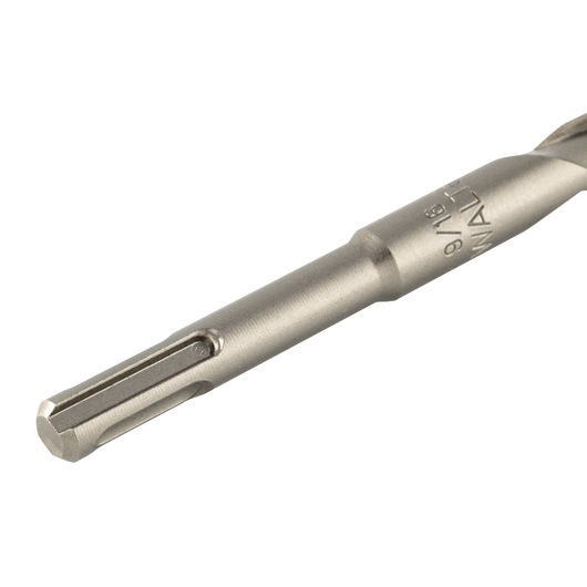 Close-up view of a DEWALT SDS drill bit, metallic in color, showing the shank and part of the shaft with engraved markings.