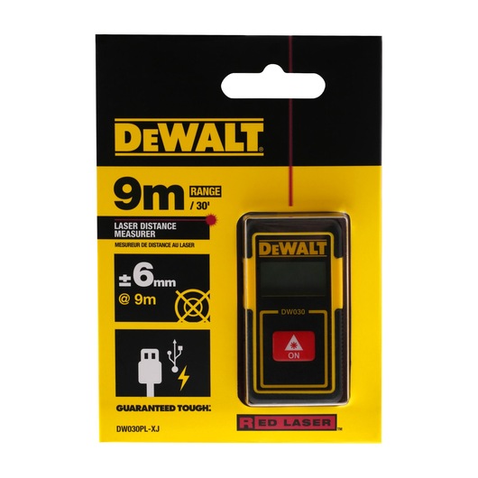 DEWALT DW030PL-XJ laser distance measurer, 9m range, USB charging, in yellow retail packaging.