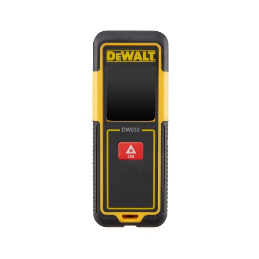 Front view of a DEWALT DW033 laser distance measurer, featuring a black and yellow casing, a display screen, and a red button labeled 'ON' with a laser icon.