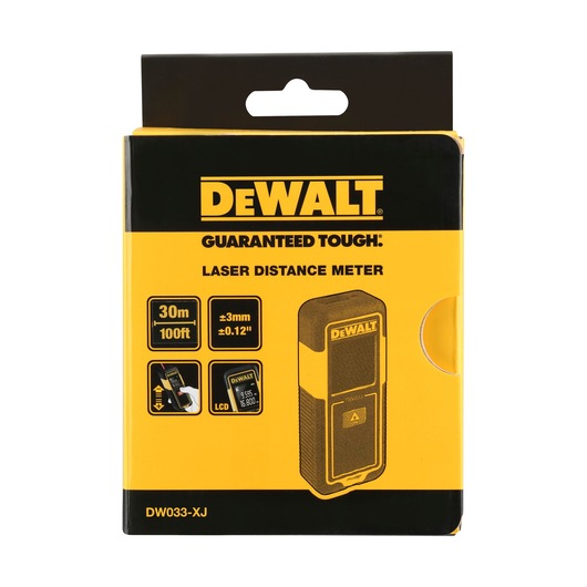 DEWALT DW033 laser distance meter packaging, showing product specs and features in yellow and black.