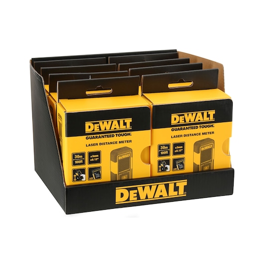 Display box with Dewalt laser distance meters in yellow and black packaging, model DW033, visible in multiple units.