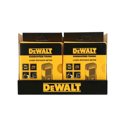 DEWALT laser distance meter display box with two yellow and black packaged units for measuring up to 30 meters.
