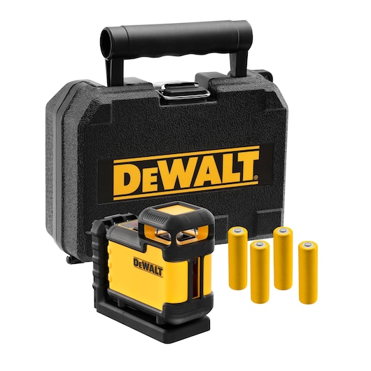 DEWALT laser level kit with case and four batteries, shown on a white background.