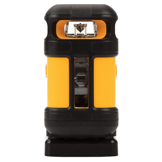 Yellow and black DEWALT laser level device standing upright, shown from the front against a white background.
