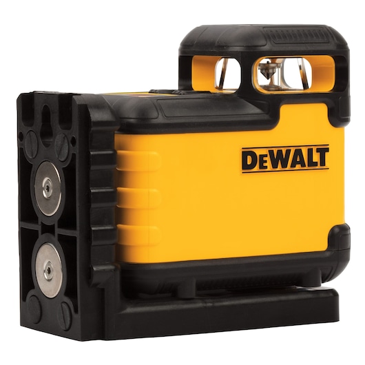 DEWALT yellow and black laser level device with visible magnets on its side, designed for precise alignment work.