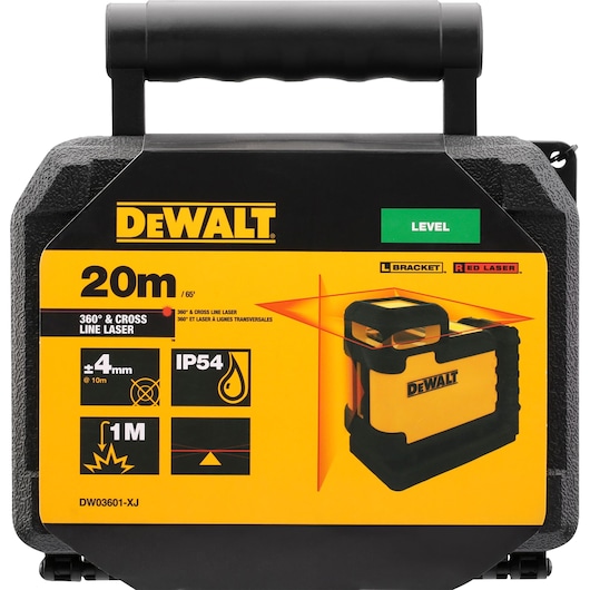 DEWALT DW03601-XJ 360° cross line laser, 20m range, in a protective black and yellow carrying case.