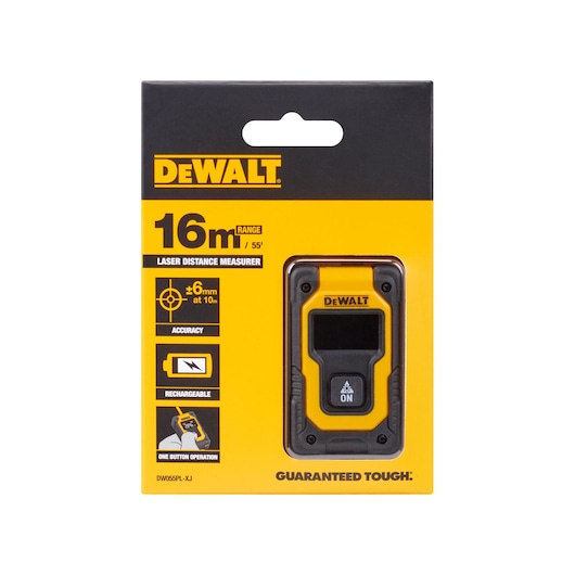 DEWALT DW055PL, DW055PL-XJ laser distance measurer in yellow packaging, 16m range, photography category.
