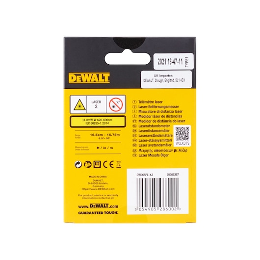 DEWALT packaging for photography tool DW055PL, DW055PL-XJ. Back view with details and barcode.