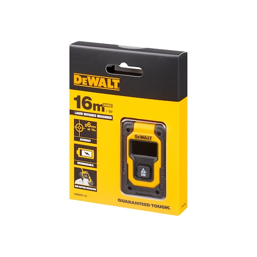 DEWALT DW055PL, DW055PL-XJ laser distance measurer in yellow-black box, 16m range.