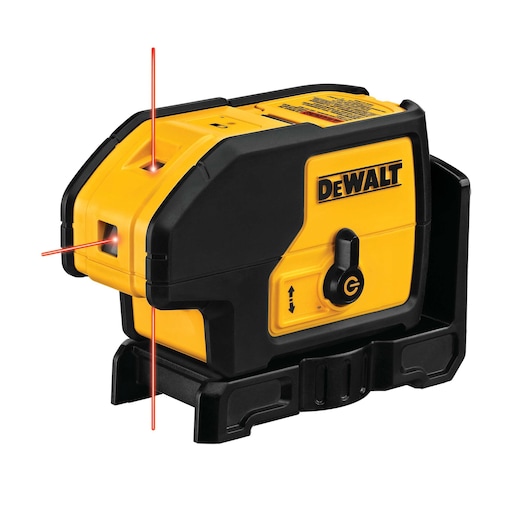 A DEWALT DW083K self-leveling laser level, yellow and black in color, with three visible red laser lines projecting vertically, horizontally, and to the side.