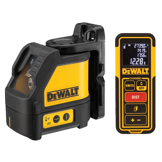 DEWALT laser level and distance meter, both yellow and black, shown side by side.