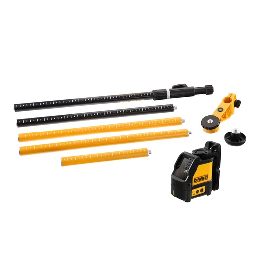 A DEWALT laser level kit including a yellow and black laser level device, measuring rods with markings, a mounting bracket, and an attachment accessory, all laid out on a white background.