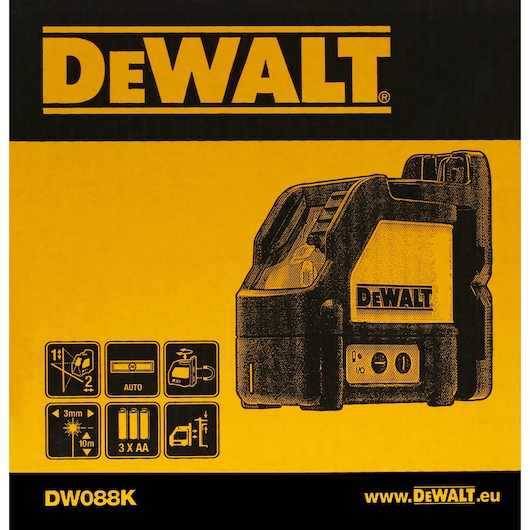 DEWALT DW088K laser level kit box with device image, icons and yellow-black branding.