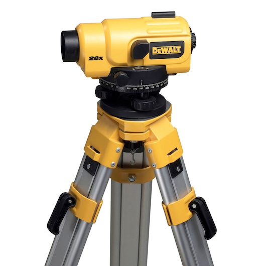 DEWALT yellow automatic level with 26x magnification on tripod, used for surveying and measuring.