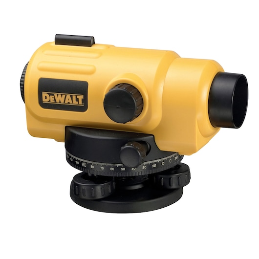 DEWALT DW096PK automatic optical level for surveying and measuring, shown in yellow and black.