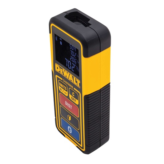 A DEWALT DW099S laser distance measurer with yellow and black casing, featuring a digital display and several control buttons on its front.