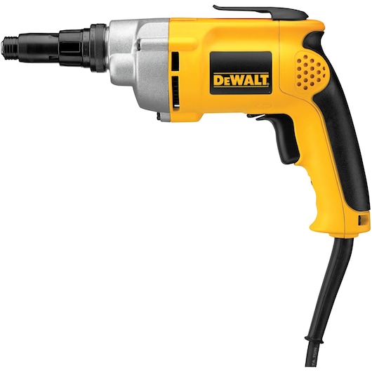Side view of a yellow and black DEWALT electric screwdriver with a corded handle.
