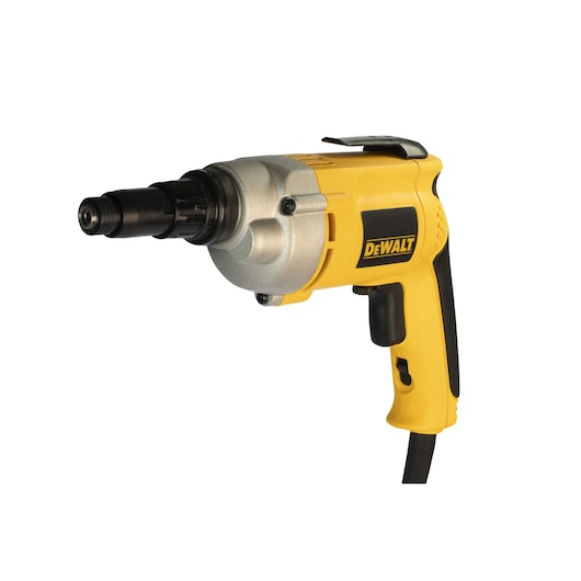 A yellow and black corded electric screwdriver with the DEWALT logo on the side, shown on a white background.