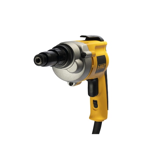 A close-up view of a yellow and black DEWALT electric screwdriver with a cord attached. The tool is designed for professional use and features a robust metal housing and ergonomic handle.