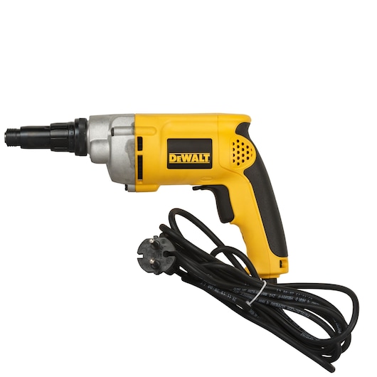 Yellow DEWALT electric screwdriver with black handle and cord, model DW269, shown on white background.