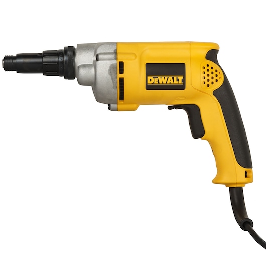 A yellow DEWALT electric screwdriver with a black handle and power cord shown against a white background.