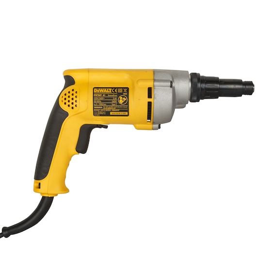 Yellow DEWALT DW269 electric screwdriver with a black handle and cord, shown from the side on a white background.