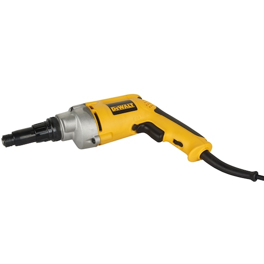Yellow DEWALT electric screwdriver with cord, shown on a white background.