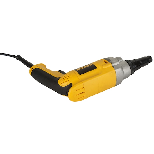 Yellow and black DEWALT DW269 corded screwdriver lying on a white background.