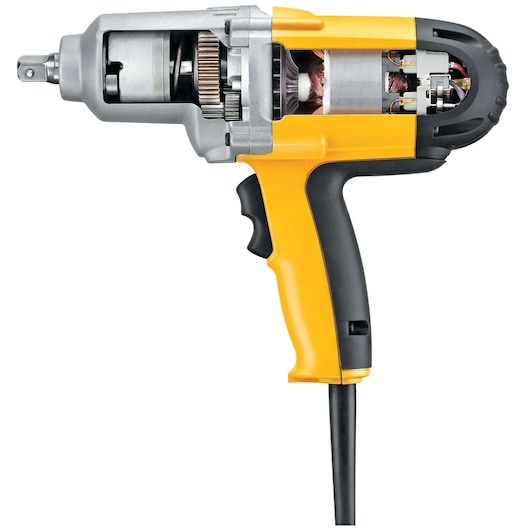 A DEWALT electric impact wrench, shown in a cross-section view revealing its internal components such as gears and wiring, with a yellow and black handle and a power cord attached.