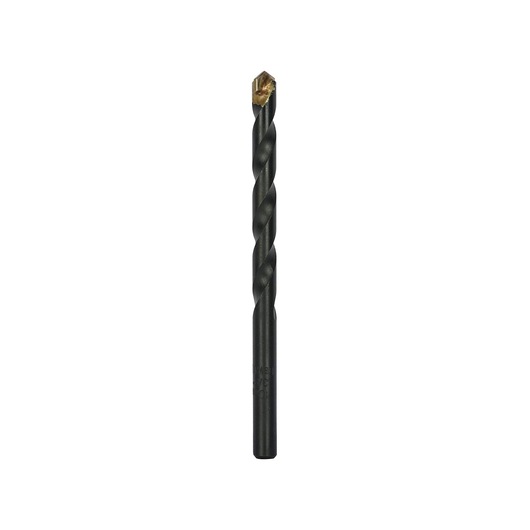 A single black spiral drill bit with a carbide tip, shown standing upright against a white background.