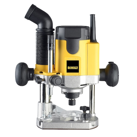 DEWALT DW622K plunge router with yellow body, black handles and dust extraction attachment.