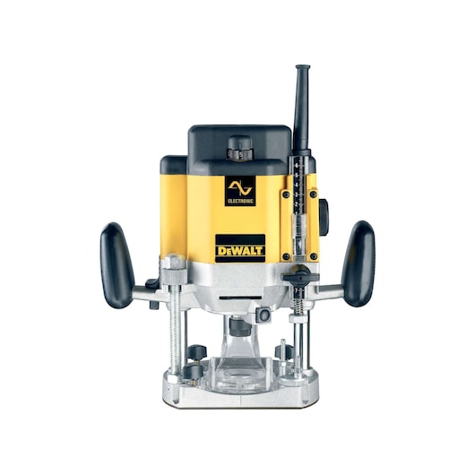 A DEWALT DW625E electronic plunge router designed for woodworking, featuring a yellow and black body with two side handles and depth adjustment mechanism.