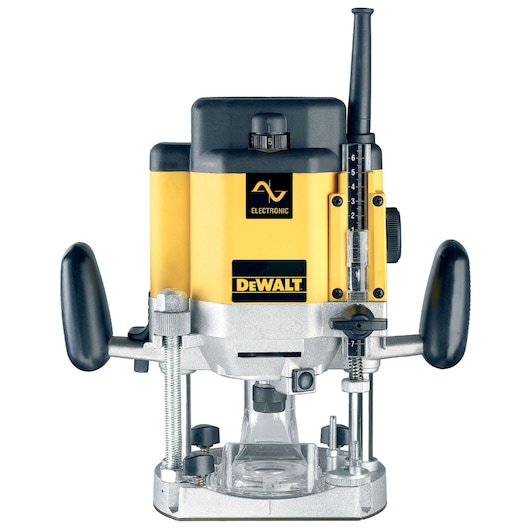 DEWALT DW625E yellow plunge router tool with dual handles, electronic control, and adjustable depth gauge.