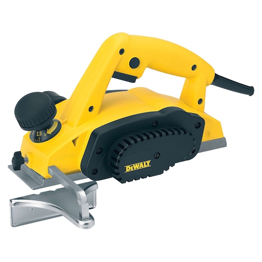 Yellow DEWALT DW680 electric planer with black handle and adjustment knob, shown on a white background.
