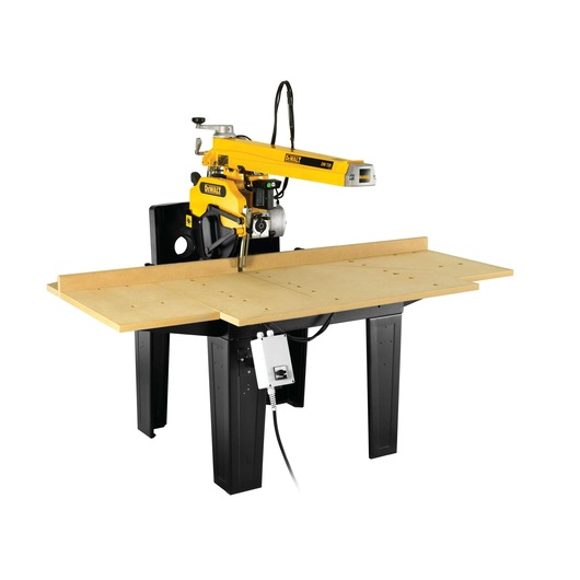 DEWALT radial arm saw DW729KN with a large worktable and black metal legs, photographed against a white background.