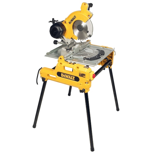 DEWALT saw for photography, SKUs DW743N and DW743. Yellow tool with blade and sturdy legs.