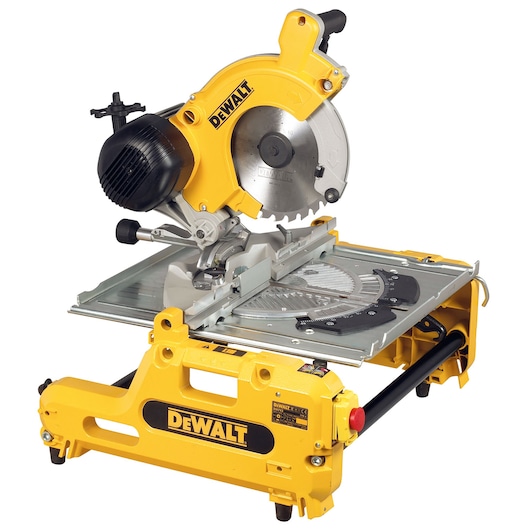 A DEWALT DW743N yellow and black multi-purpose saw, featuring a sturdy base, metal cutting table, and adjustable circular saw blade. The saw is designed for woodworking and carpentry tasks.